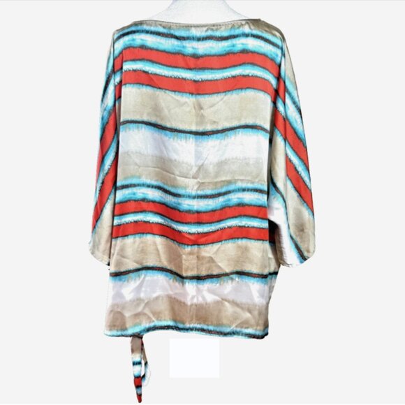 Michael Kors Plus Size 2X Flowy Blouse – Side Tie | Blue Orange White Tan - Picture 2 of 7